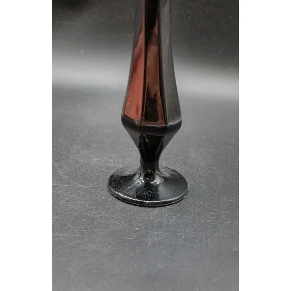 Vintage Fenton Black Amethyst Glass Bud Vase Tall Slender Paneled Pedestal 9